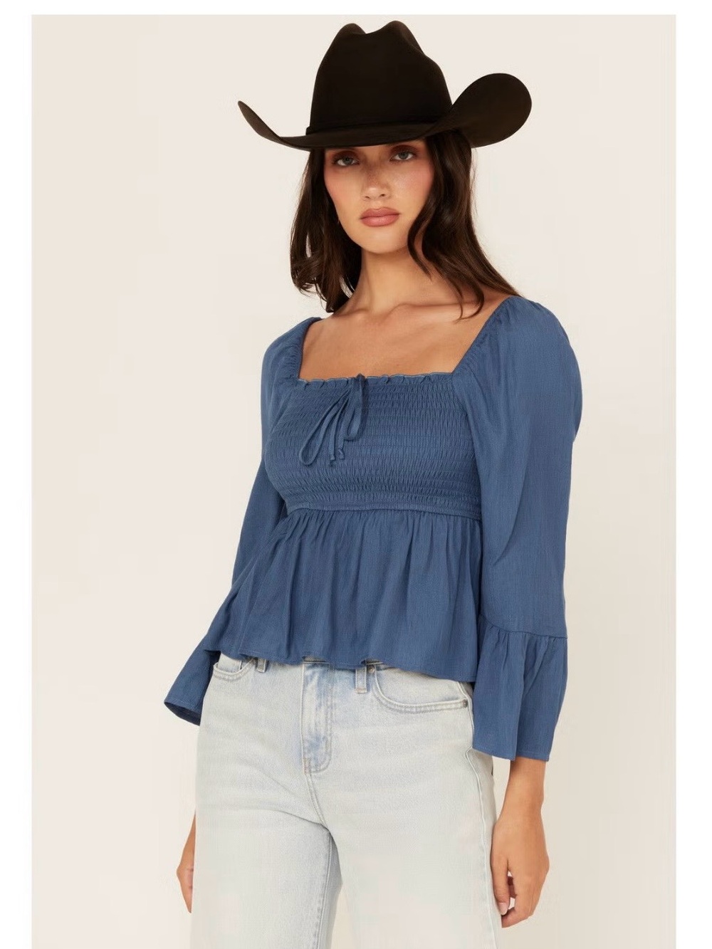 Smocked Square-Neck Blue Peasant Blouse